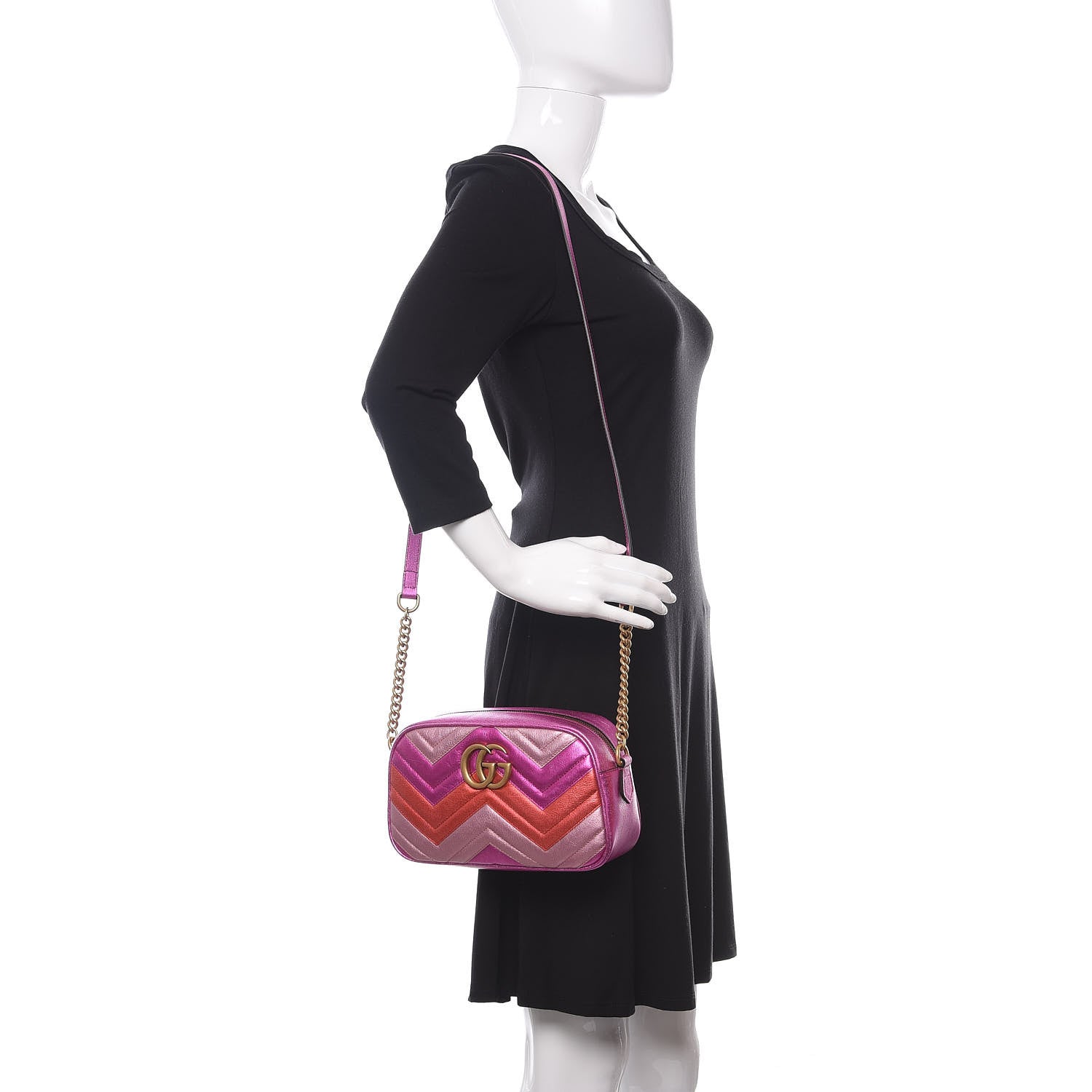Gucci Laminated Nappa Matelasse Small GG Marmont Chain Shoulder Bag Fuxia Rosso Rosa 2 of 10