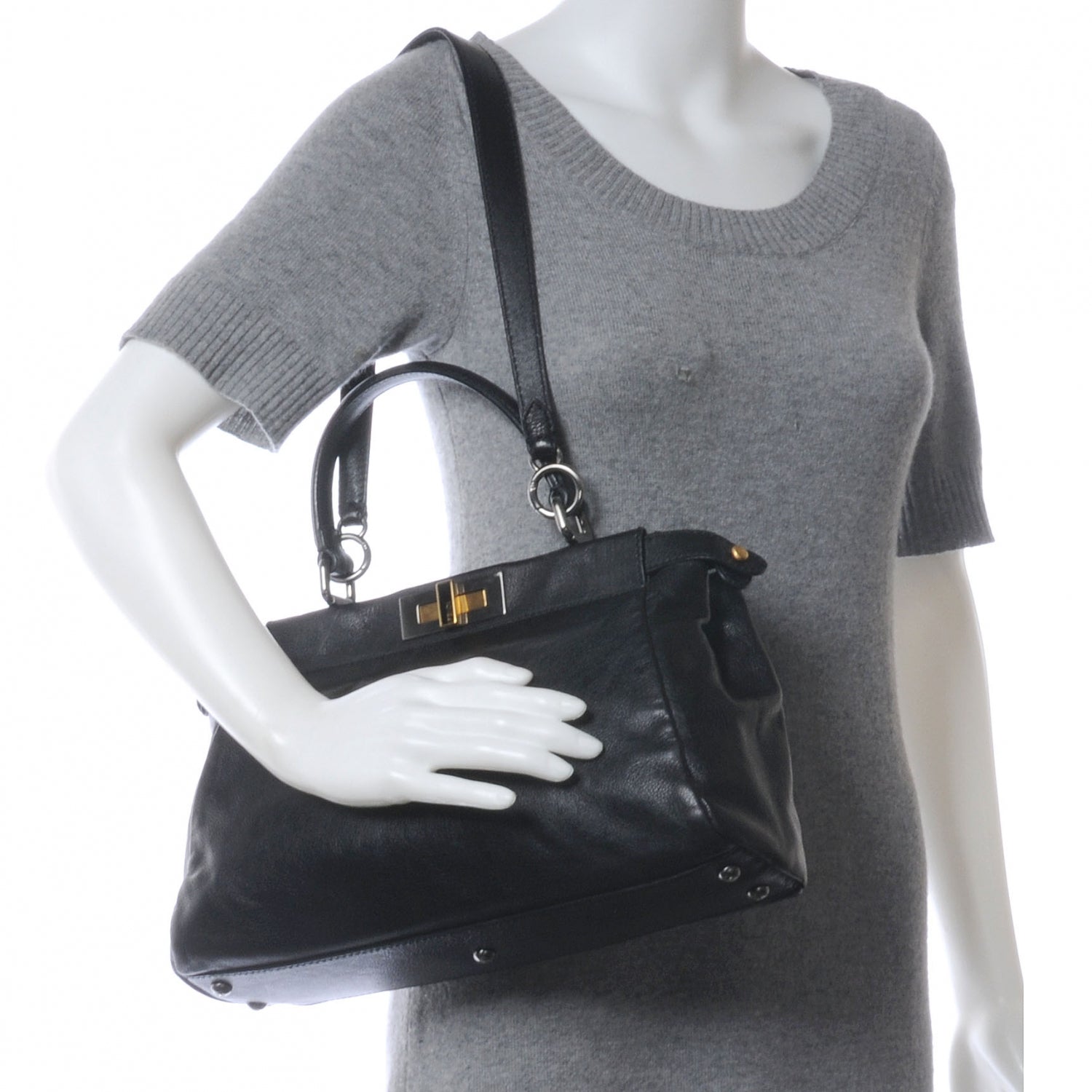 Fendi Goatskin Zucca Medium Peekaboo Iconic Satchel Black Tobacco 2 of 9