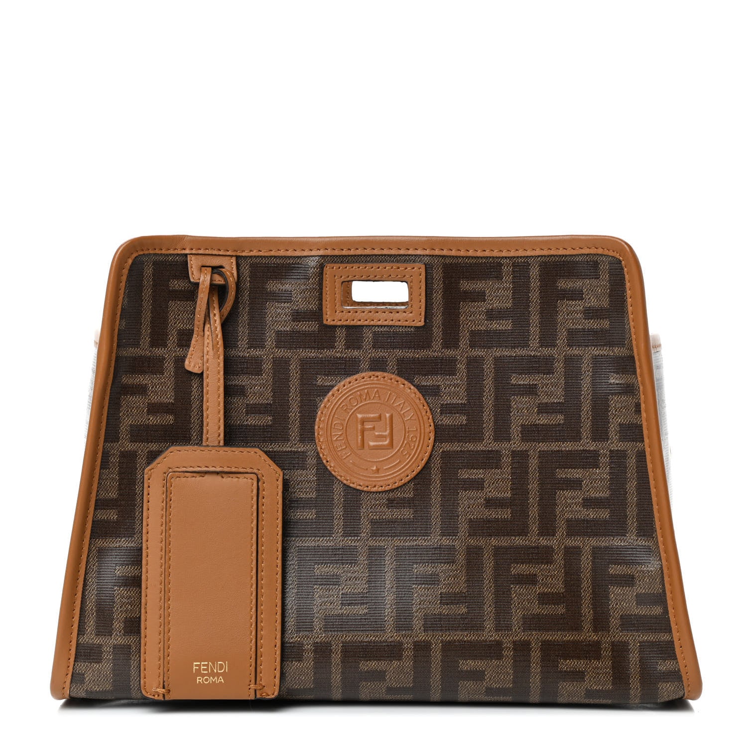 Fendi Glazed Fabric Vitello Century FF 1974 Stamp Patch Mini Peekaboo Defender Cover Mogano Panna Caramello 1 of 4