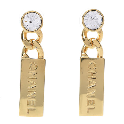 Chanel Crystal Tag Drop Earrings Gold 1 of 6