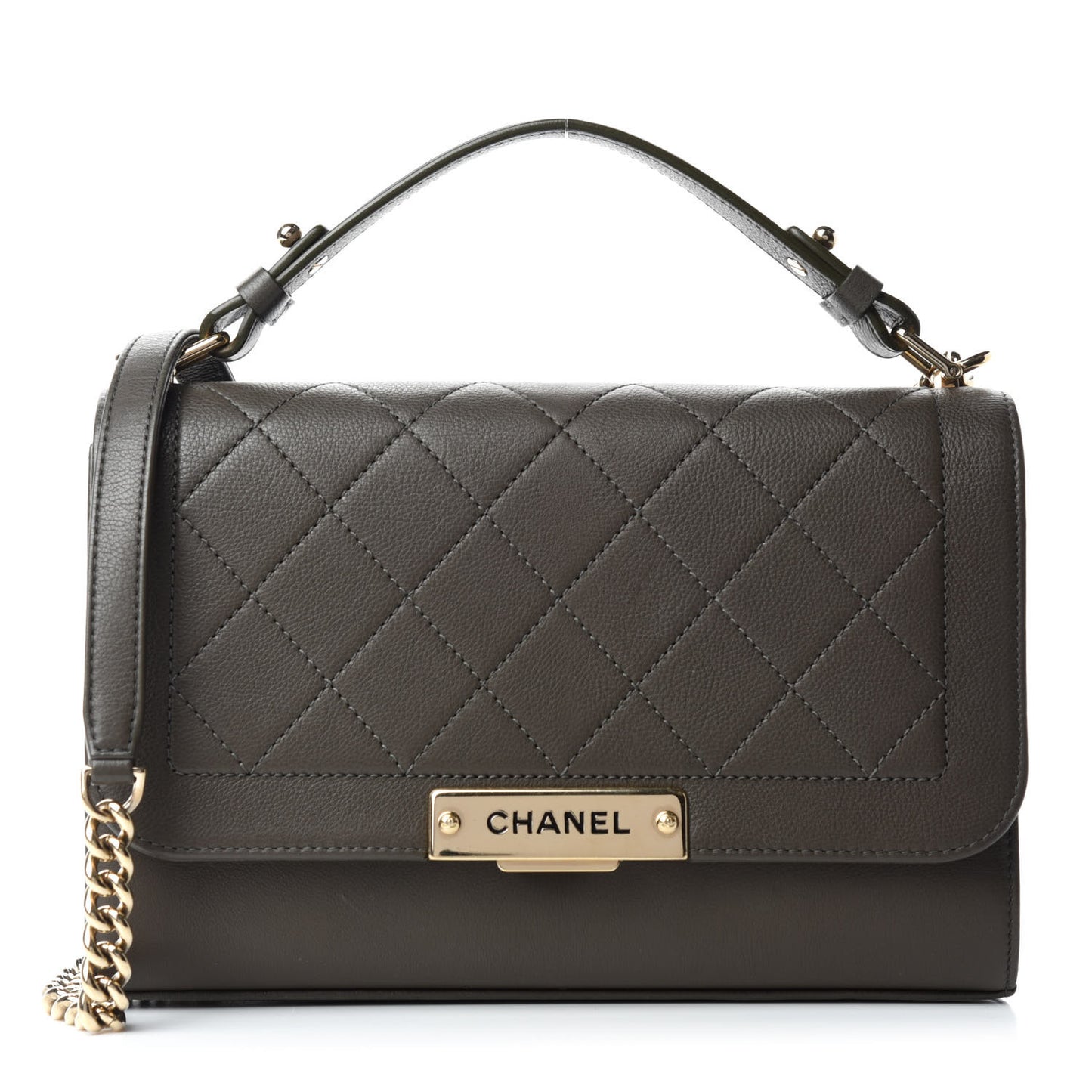 Grained Calfskin Quilted Medium Label Click Flap Bag Green