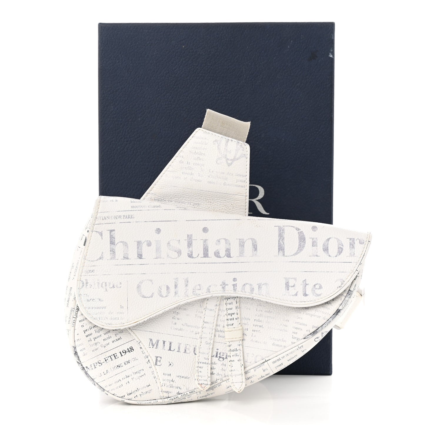 X DANIEL ARSHAM Grained Calfskin Newspaper Print Saddle Bag White