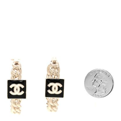 Chanel Metal Enamel CC Square Chain Hoop Earrings Gold Black 2 of 5