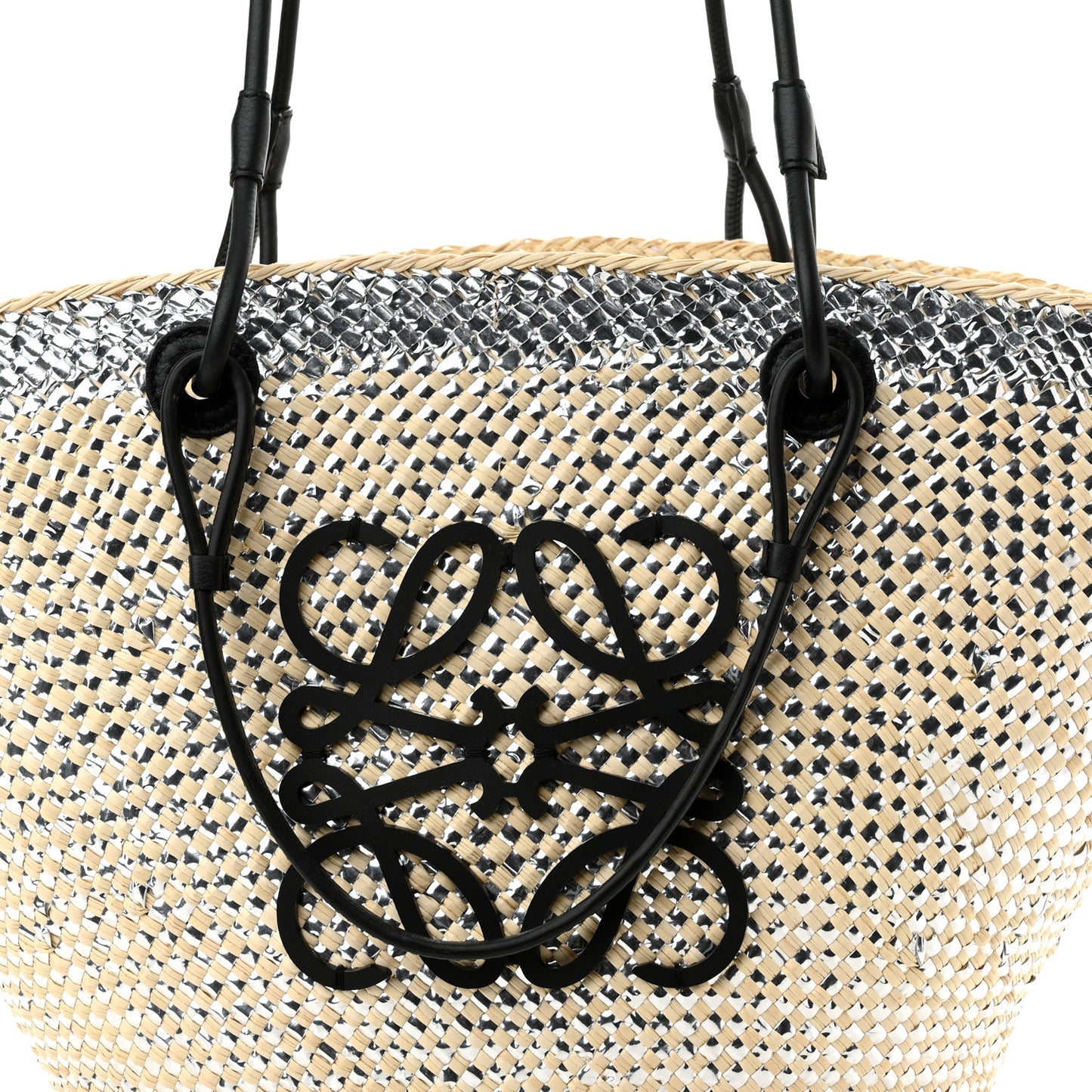 Calfskin Raffia Paulas Ibiza Sparkling Metallic Anagram Basket Tote Bag Natural Silver