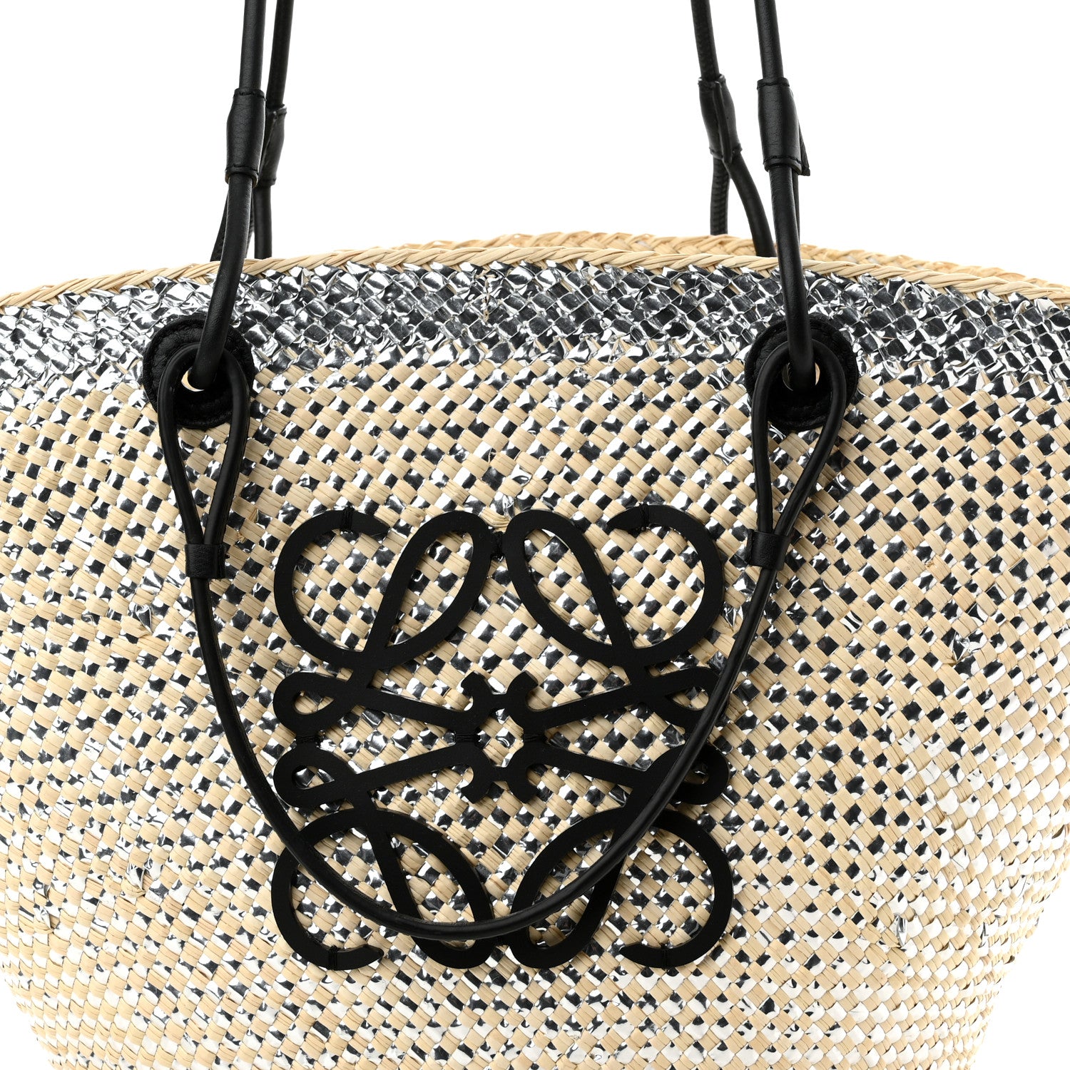 Loewe Calfskin Raffia Paulas Ibiza Sparkling Metallic Anagram Basket Tote Bag Natural Silver 4 of 9