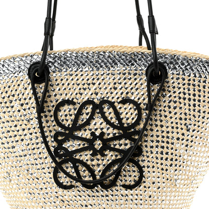Loewe Calfskin Raffia Paulas Ibiza Sparkling Metallic Anagram Basket Tote Bag Natural Silver 4 of 9
