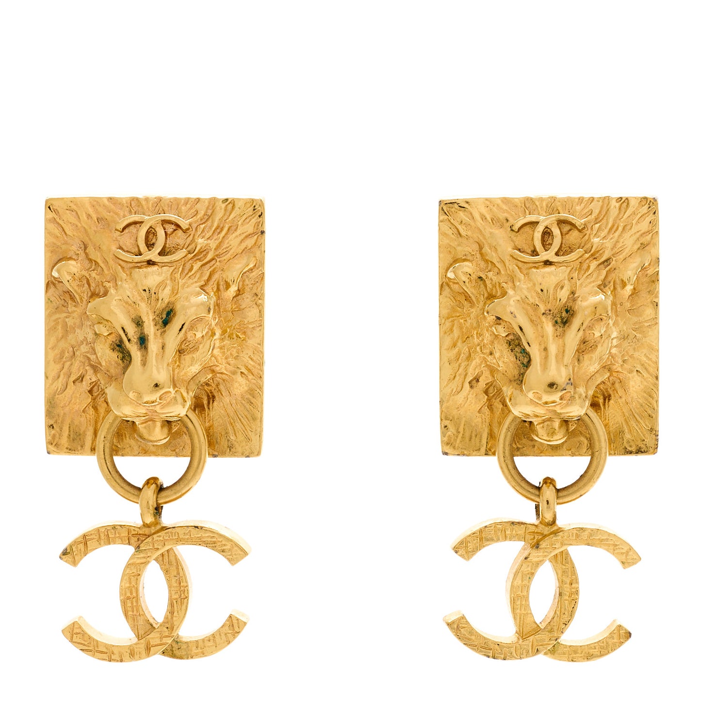 Metal CC Lion Earrings Gold