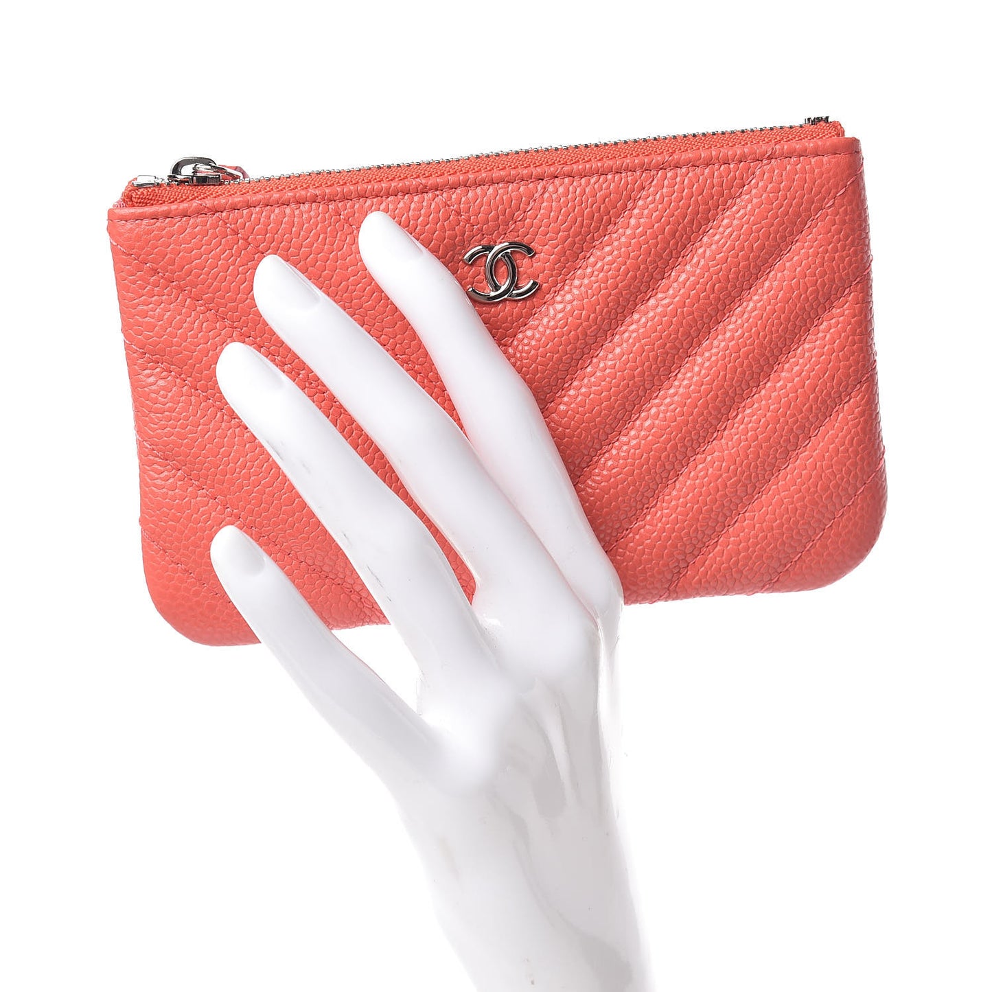 Caviar Chevron Quilted Small Cosmetic Case Coral