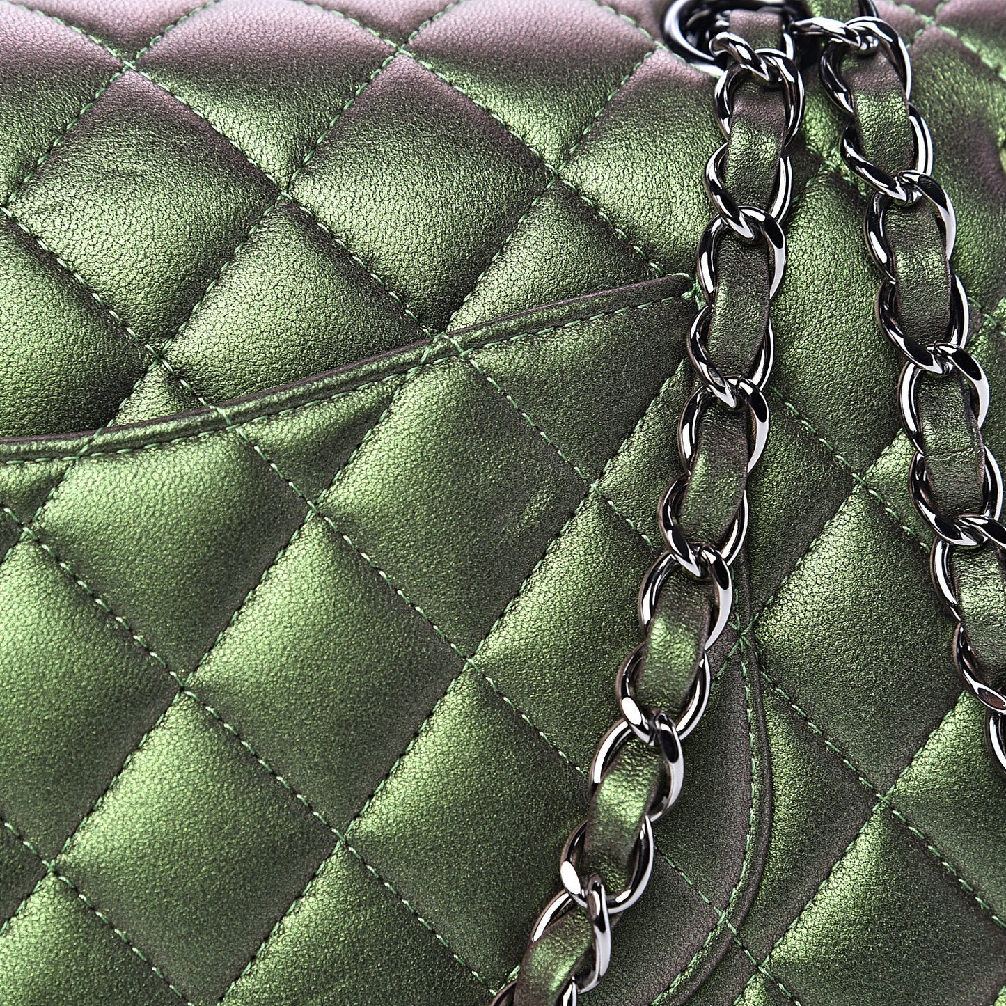 Iridescent Lambskin Quilted Medium Double Flap Green