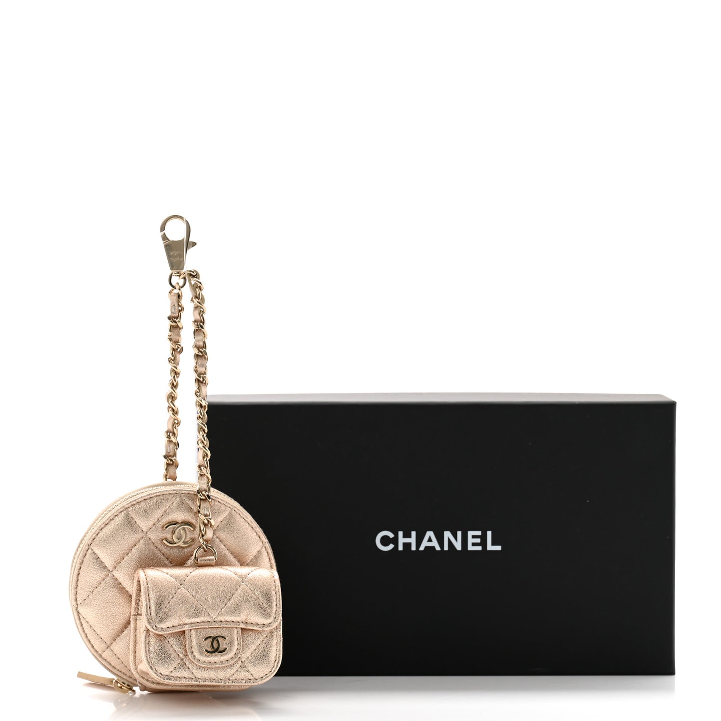 Metallic Lambskin Quilted Round Clip On Coin Purse Airpods Case Gold
