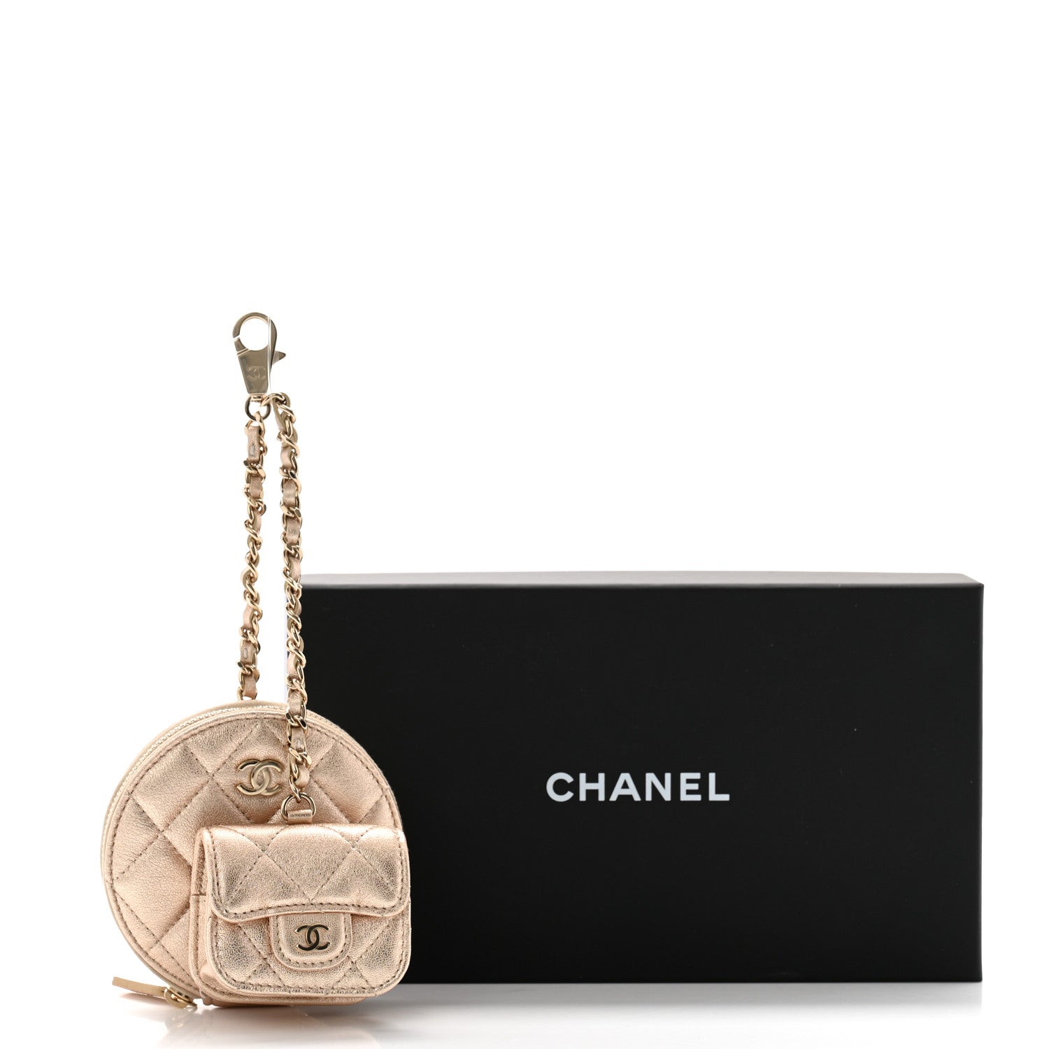 Chanel Metallic Lambskin Quilted Round Clip On Coin Purse Airpods Case Gold 10 of 10