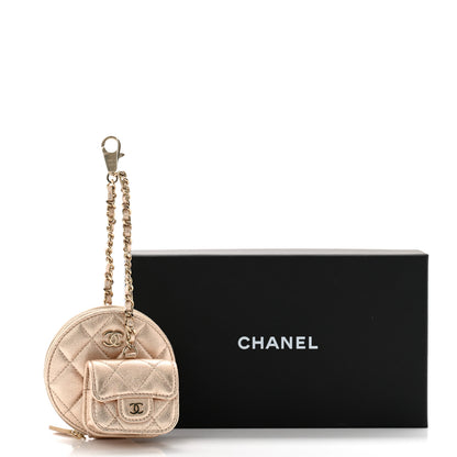 Chanel Metallic Lambskin Quilted Round Clip On Coin Purse Airpods Case Gold 10 of 10