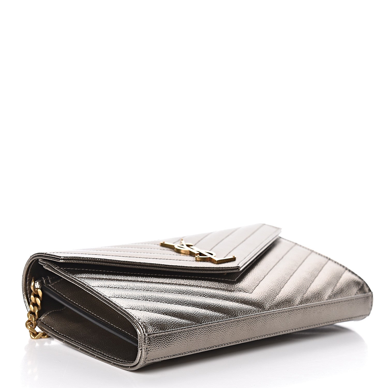 Saint Laurent Iridescent Grain De Poudre Matelasse Chevron Monogram Chain Wallet Gold 4 of 11