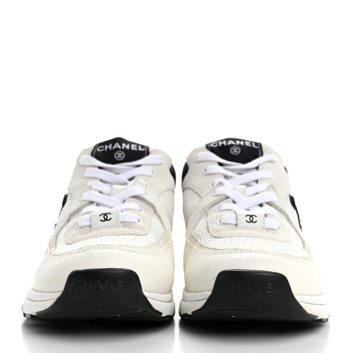Chanel Mesh Suede Calfskin Grained Calfskin Womens CC Sneakers 38 White Black 3 of 9