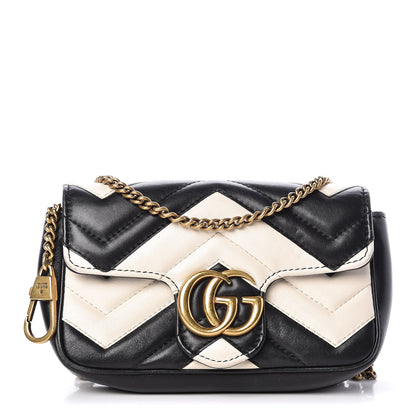 Gucci Calfskin Matelasse Super Mini GG Marmont Shoulder Bag Black White 1 of 14