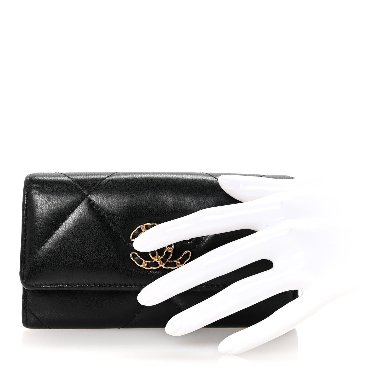 Shiny Goatskin Quilted Chanel 19 Flap Wallet Black