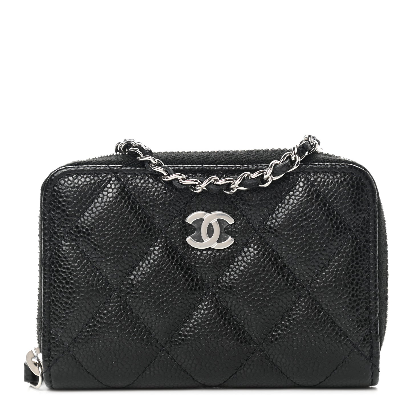 Caviar Quilted Zip Around Coin Purse Wallet On Chain Black