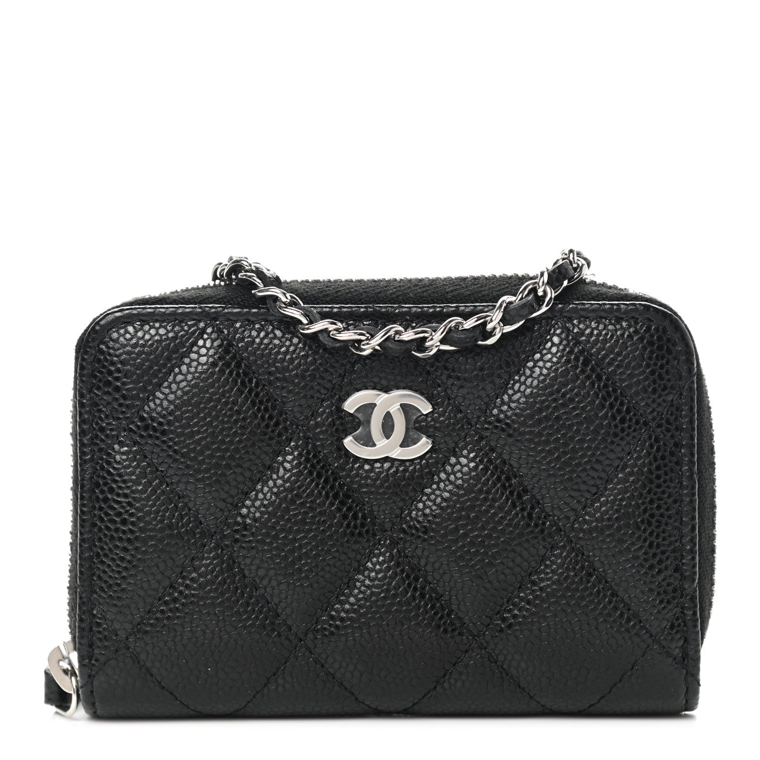 Chanel Caviar Quilted Zip Around Coin Purse Wallet On Chain Black 1 of 7