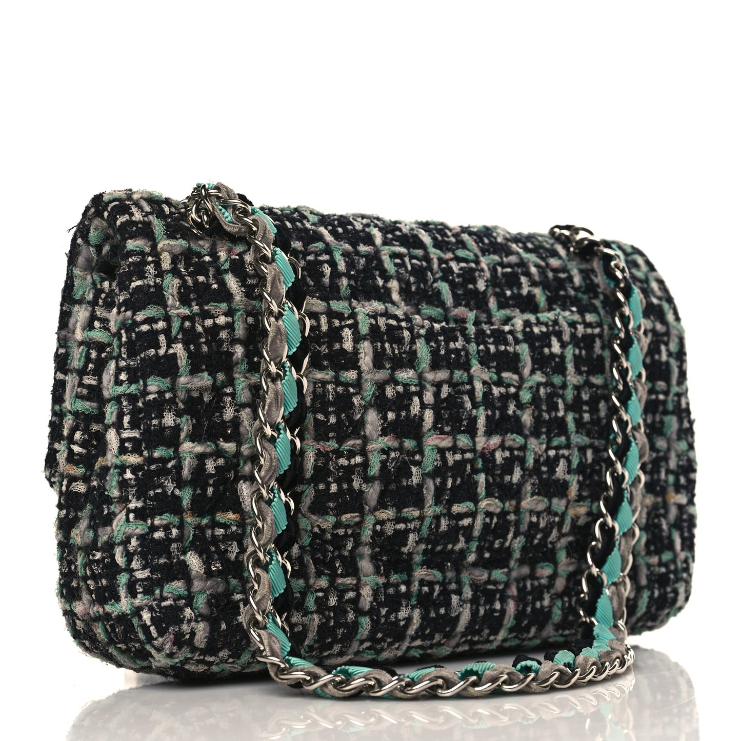Tweed Quilted Medium Double Flap Black White Green