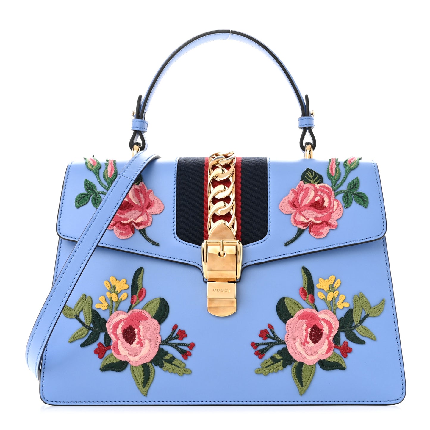 Calfskin Embroidered Medium Sylvie Top Handle Bag Clear Sky Blue