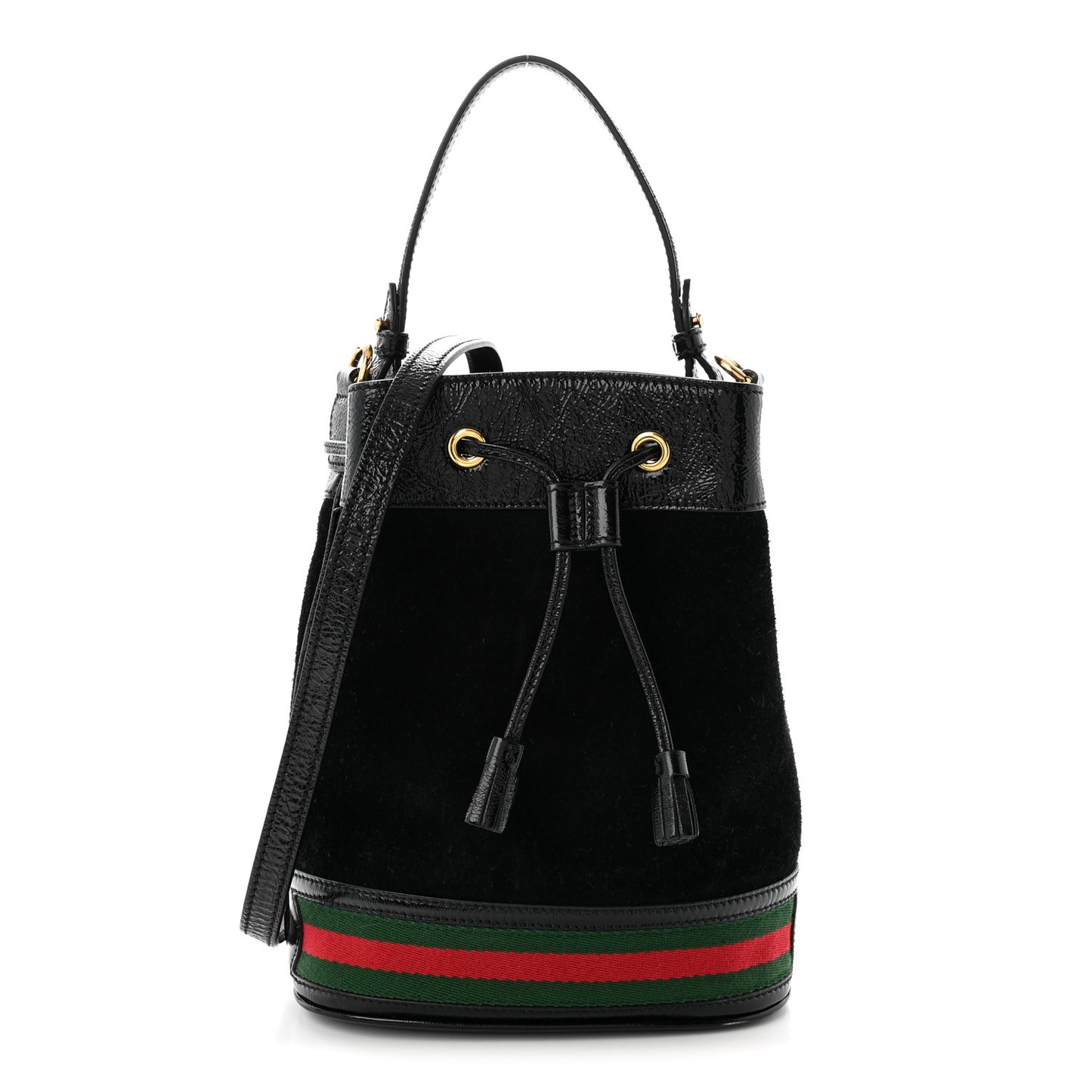 Suede Patent Web Small Ophidia Bucket Bag Black