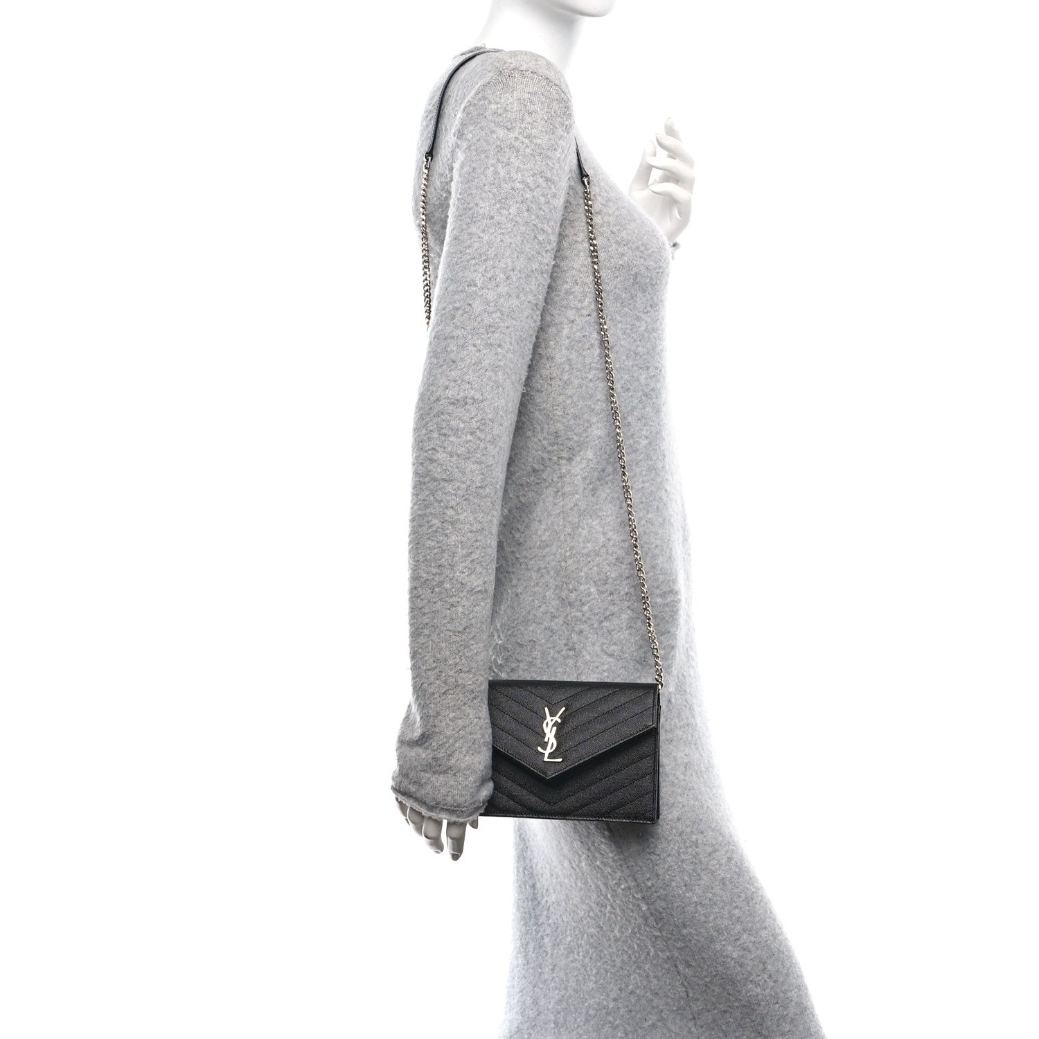 Saint Laurent Grain De Poudre Matelasse Chevron Monogram Envelope Chain Wallet Black 2 of 11