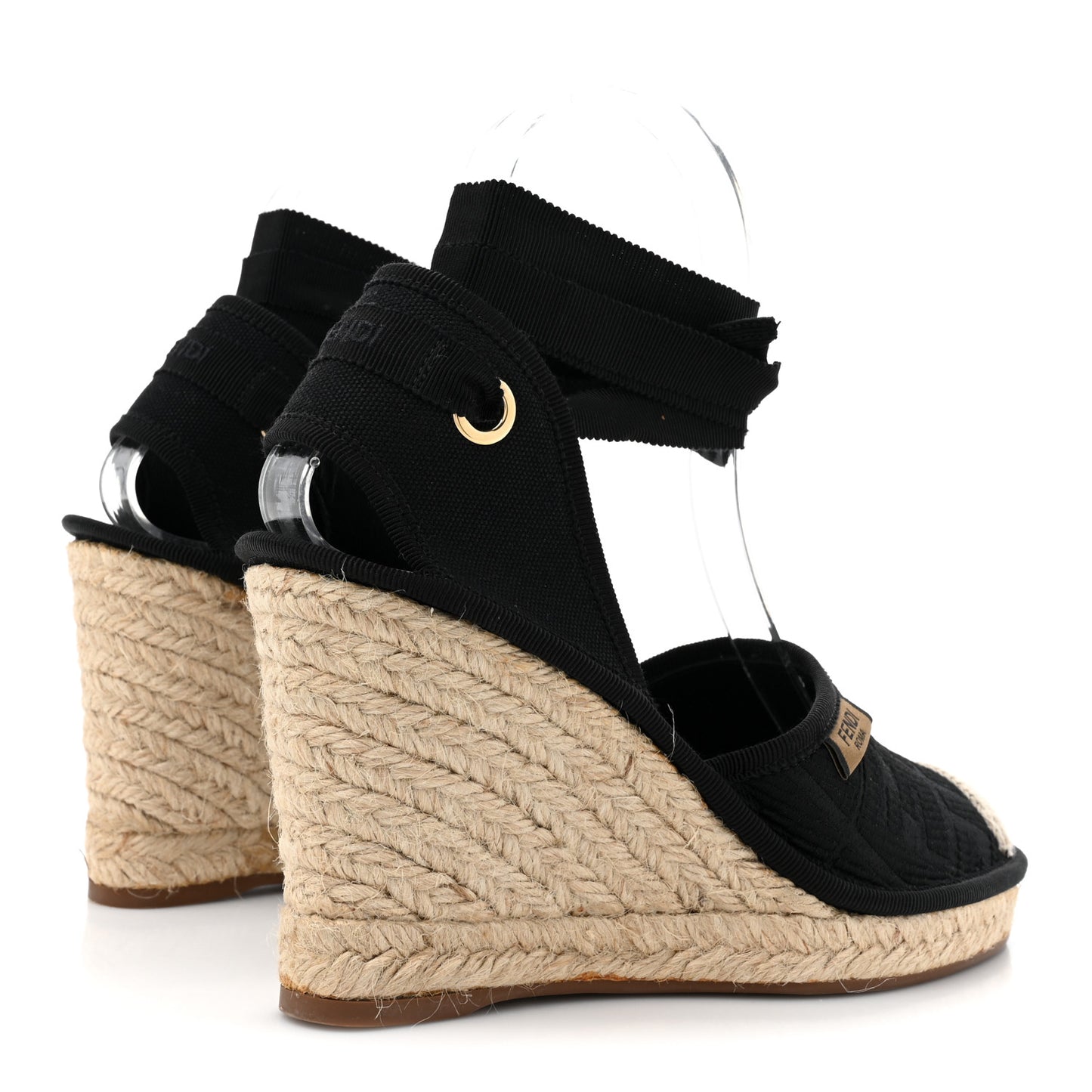 Canvas FF Embroidered Roma Ankle Wrap Wedge Espadrilles 36 Black