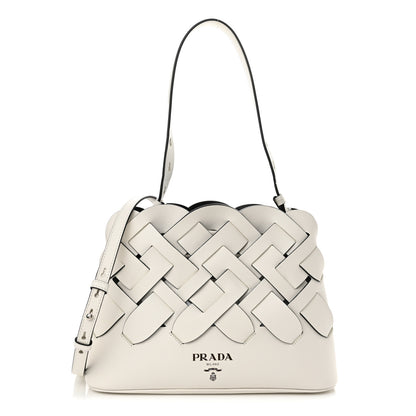Prada Vitello Intreccio Tress Handbag White Black 1 of 10
