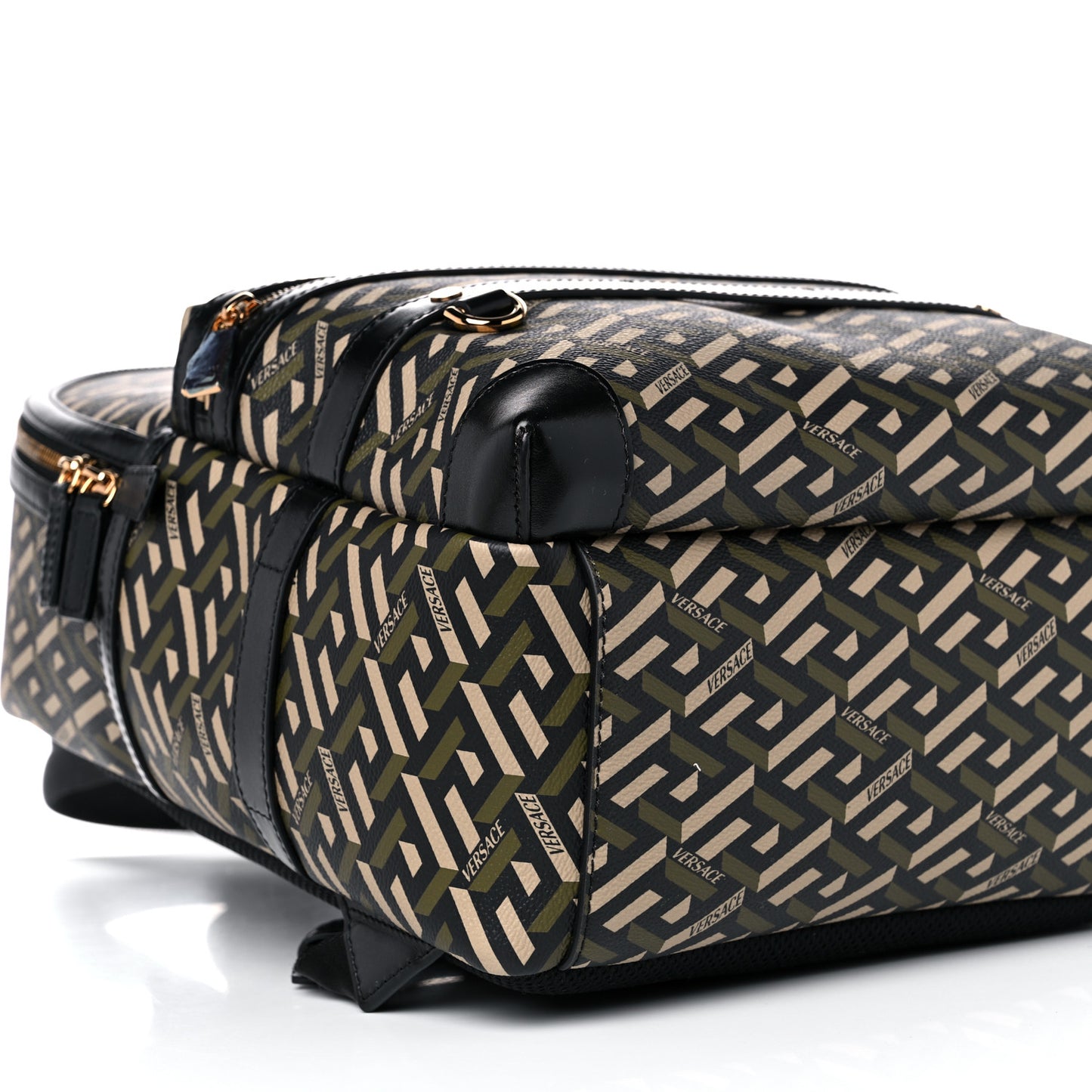 Coated Canvas Calfskin La Greca Signature Backpack Black Khaki