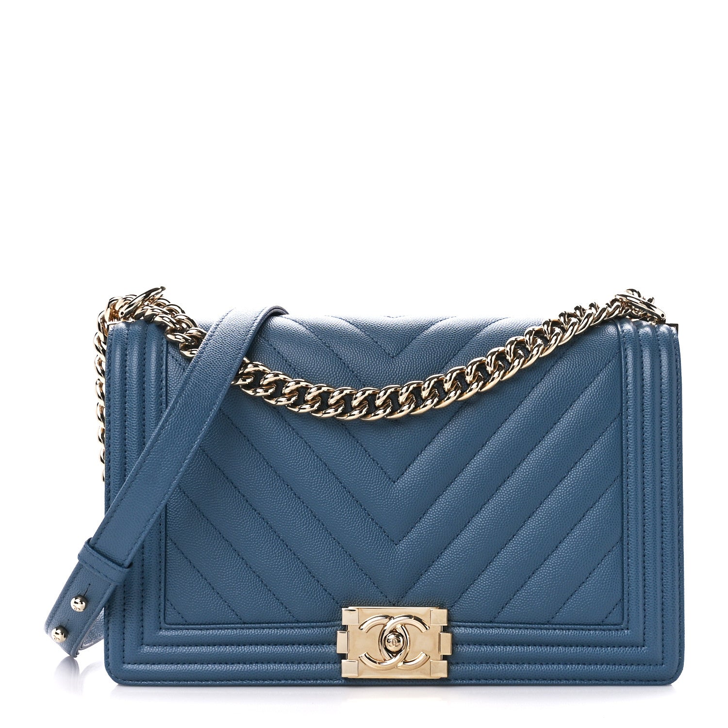Chanel Caviar Chevron Quilted New Medium Boy Flap Blue 1 of 11
