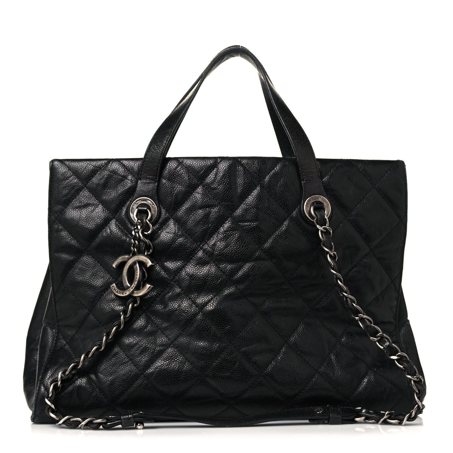 Crumpled Grained Calfskin Quilted CC Crave Tote Black