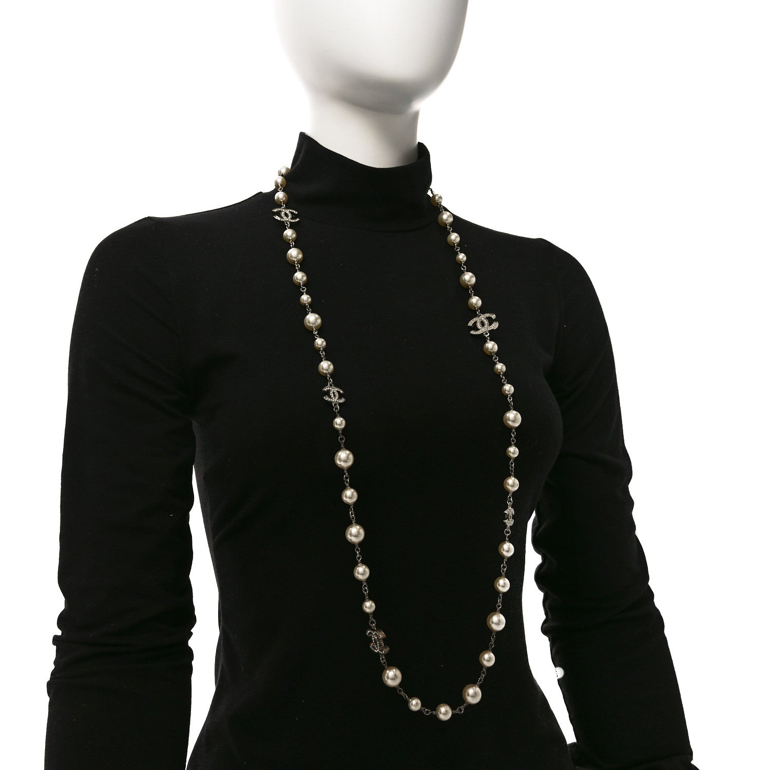 Chanel Crystal Pearl CC Long Necklace Silver 2 of 6