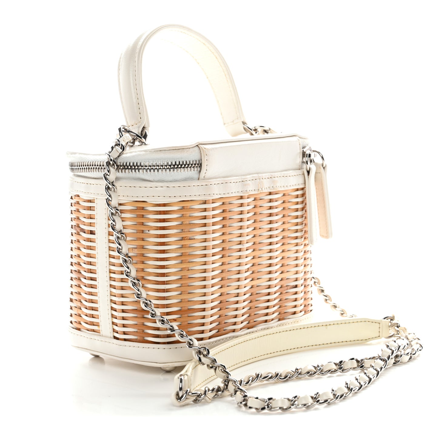 Calfskin Raffia Small Vanity Case Bag White Beige