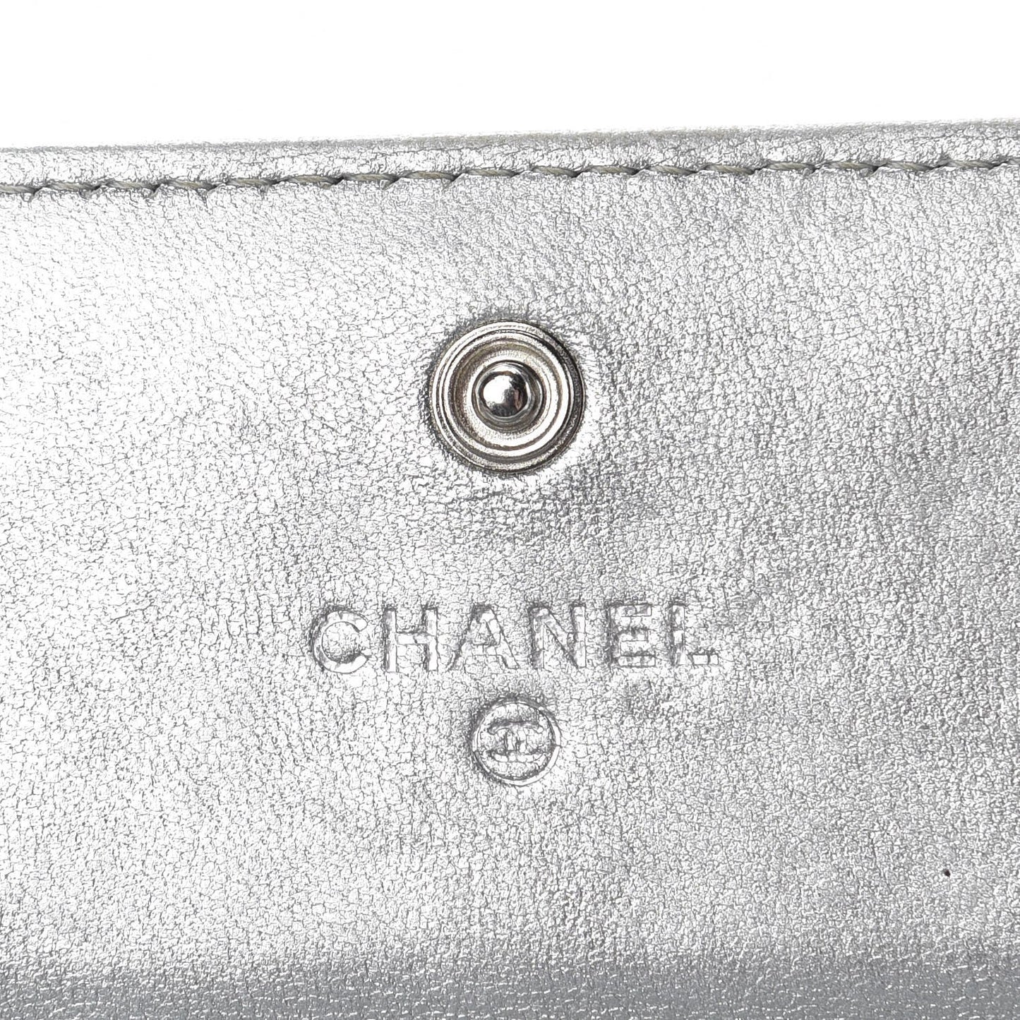 Metallic Lambskin Quilted Large Gusset Flap Wallet Silver