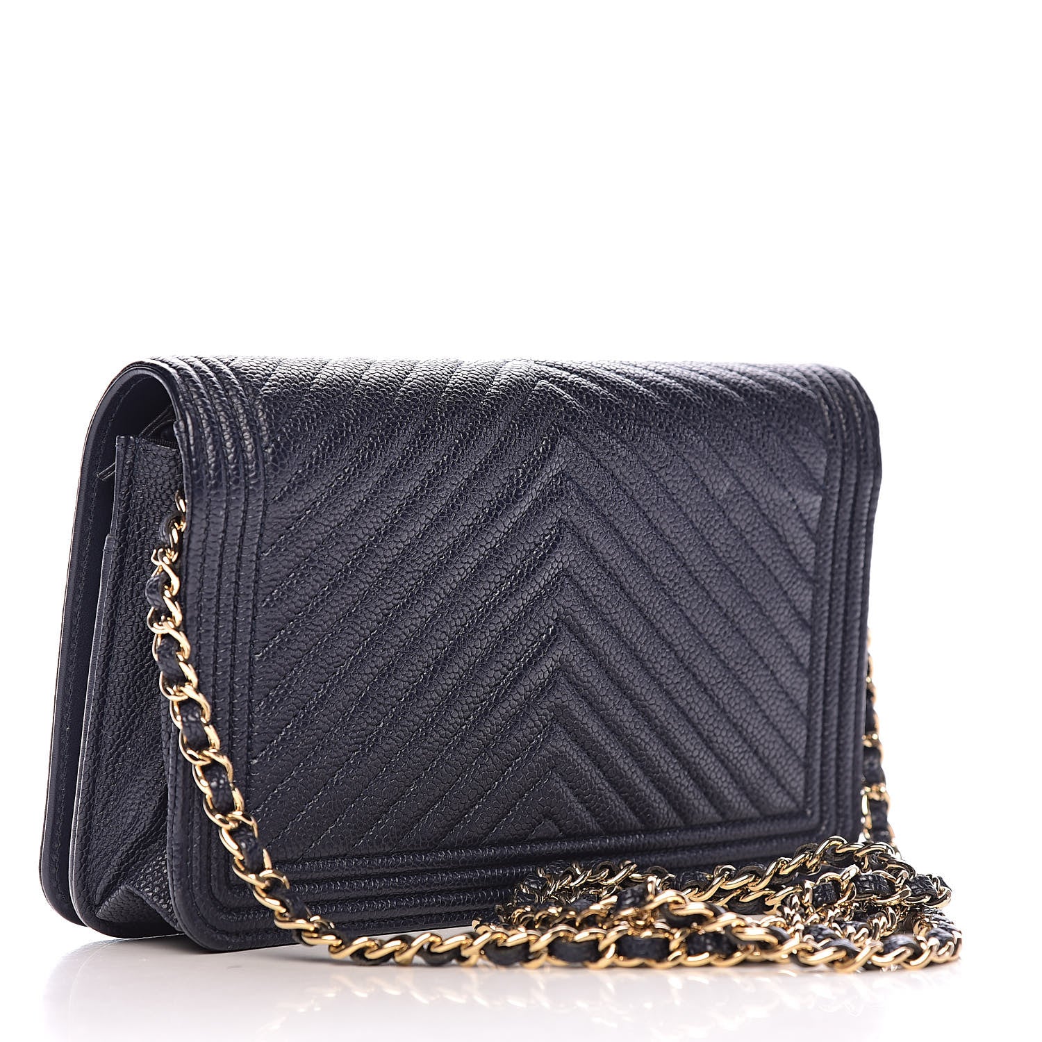 Chanel Caviar Chevron Quilted Boy Wallet On Chain WOC Blue 3 of 14