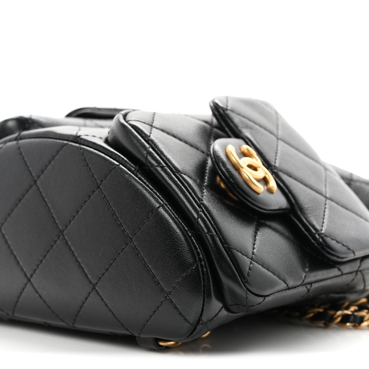 Shiny Lambskin Quilted Double Pocket Backpack Black
