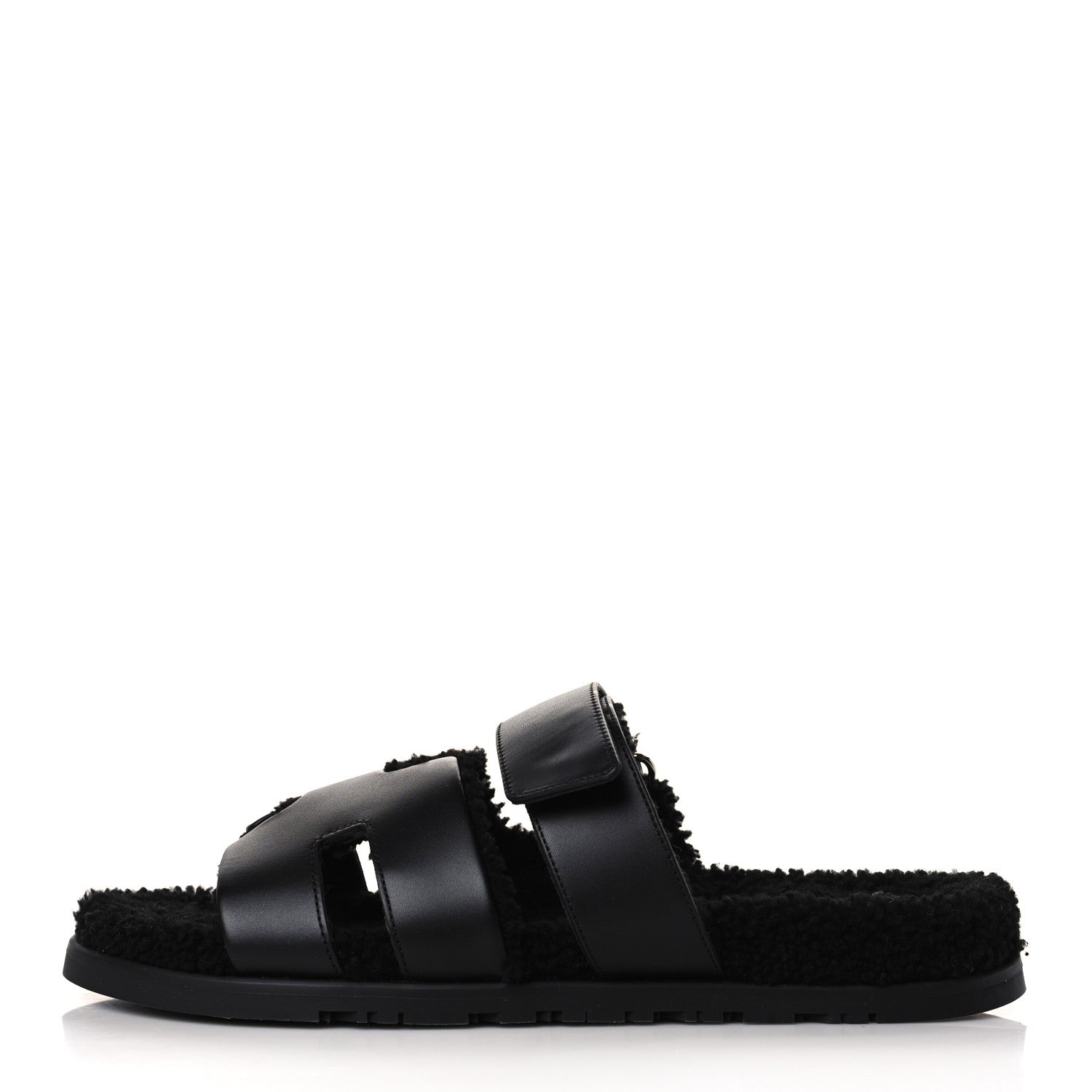 Hermes Calfskin Woolskin Mens Chypre Sandals 43 Black 1 of 8