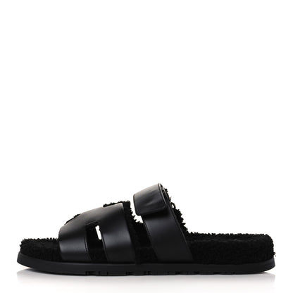 Hermes Calfskin Woolskin Mens Chypre Sandals 43 Black 1 of 8