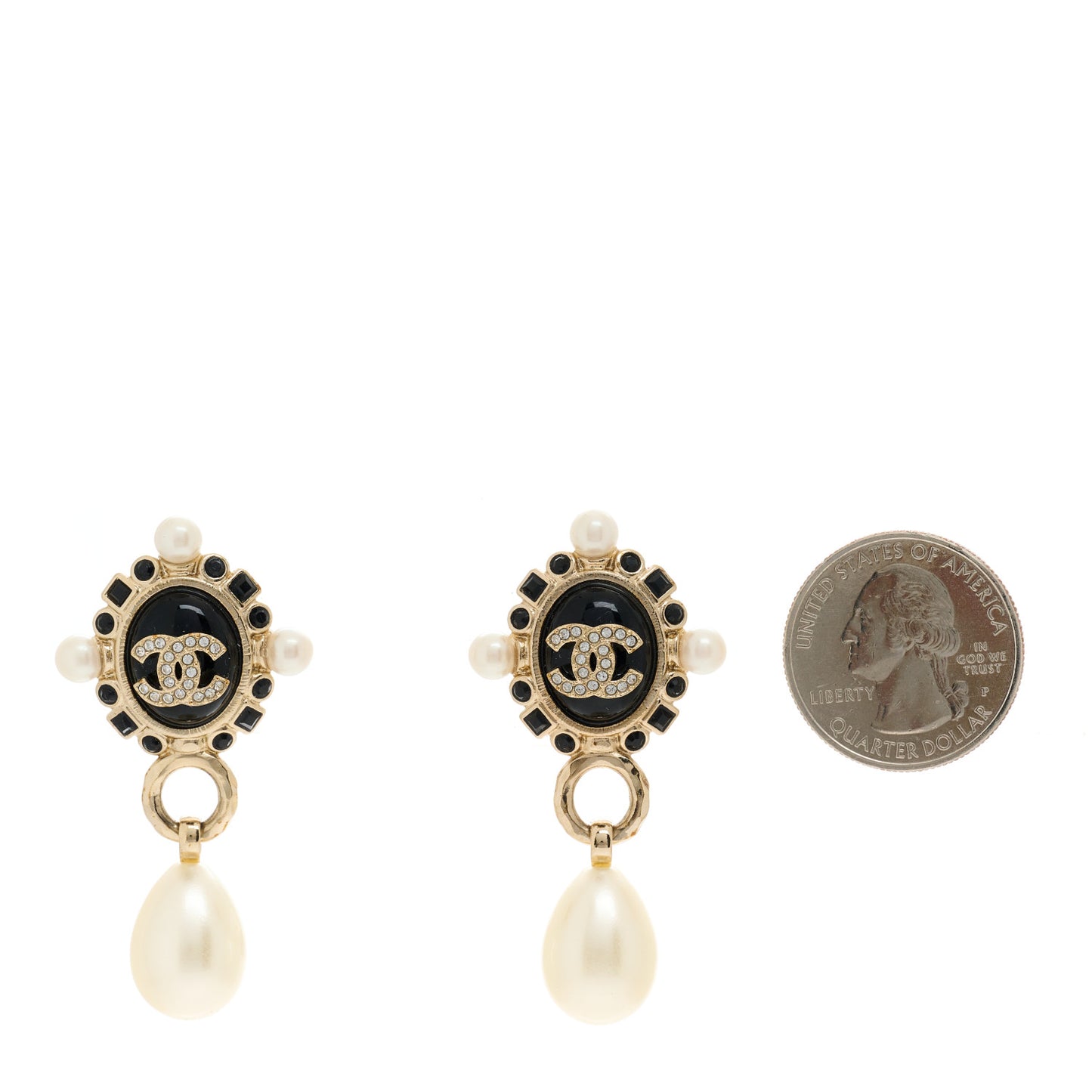 Crystal Pearl CC Drop Earrings Gold White Black