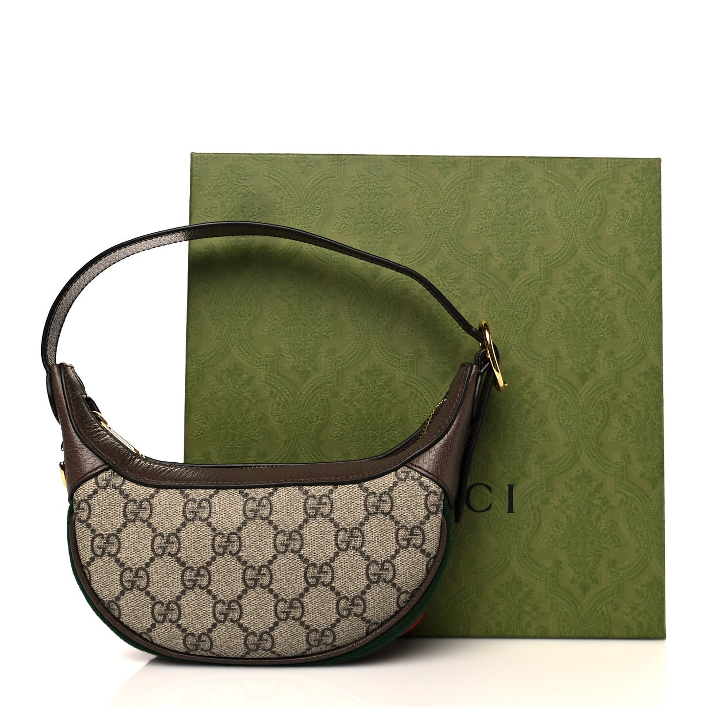 GG Supreme Monogram Textured Calfskin Web Mini Ophidia Half Moon Hobo Beige Ebony New Acero