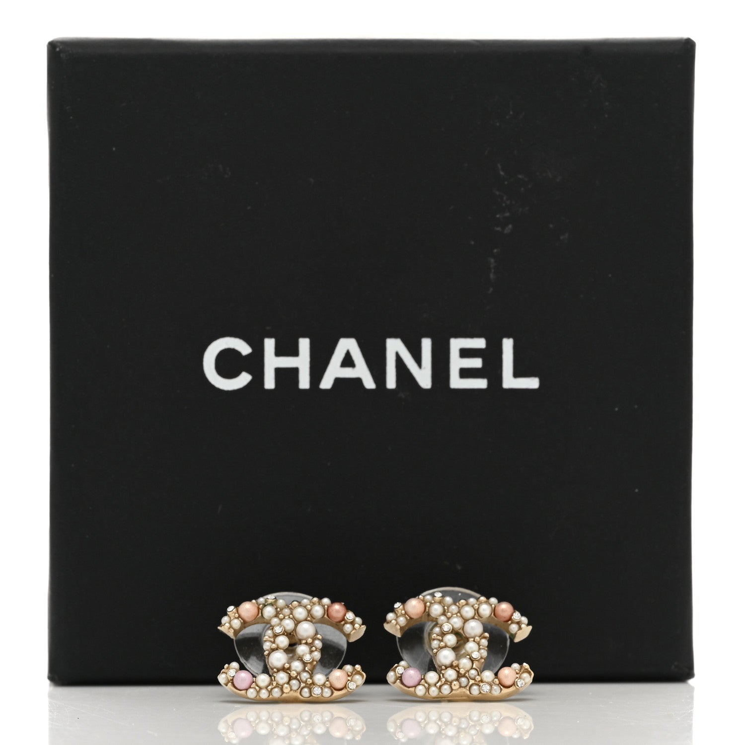 Chanel Pearl Crystal CC Charms Stud Earrings Light Gold Pink 5 of 5
