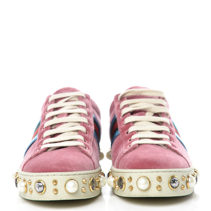 Gucci Velvet Ayers Web Faux Pearl Embellished Womens New Ace Sneakers 35.5 Tibet Red 2 of 11
