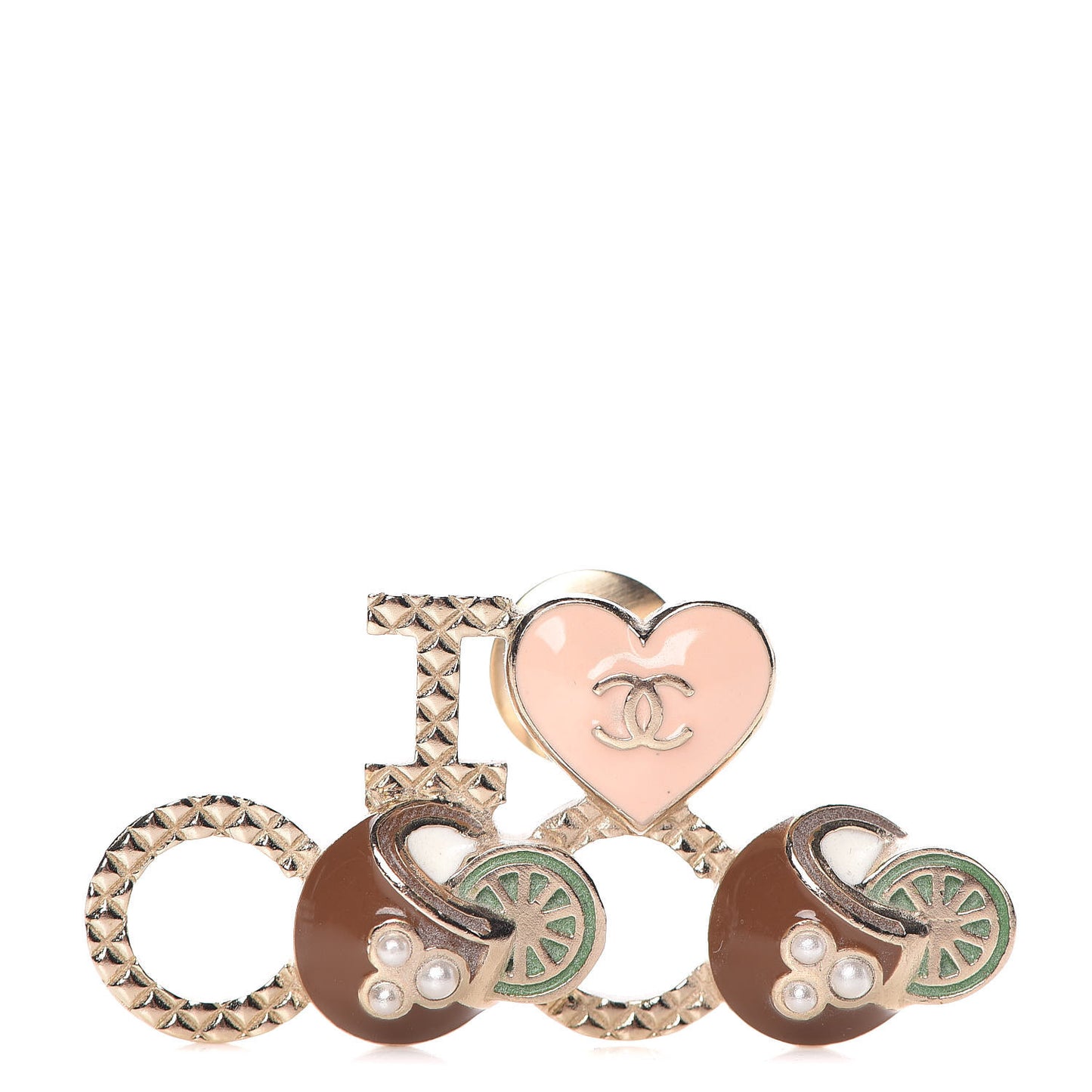 Metal Resin Pearl I Love Coco Brooch Gold Brown Pink
