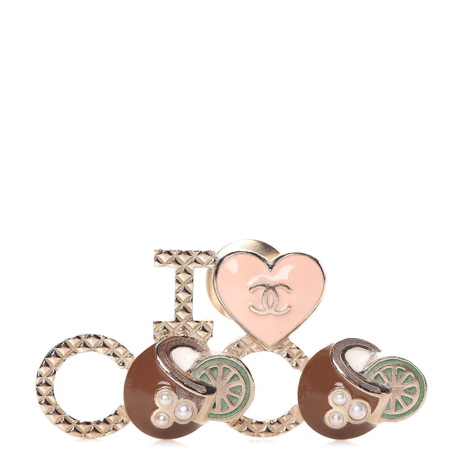 Chanel Metal Resin Pearl I Love Coco Brooch Gold Brown Pink 1 of 5