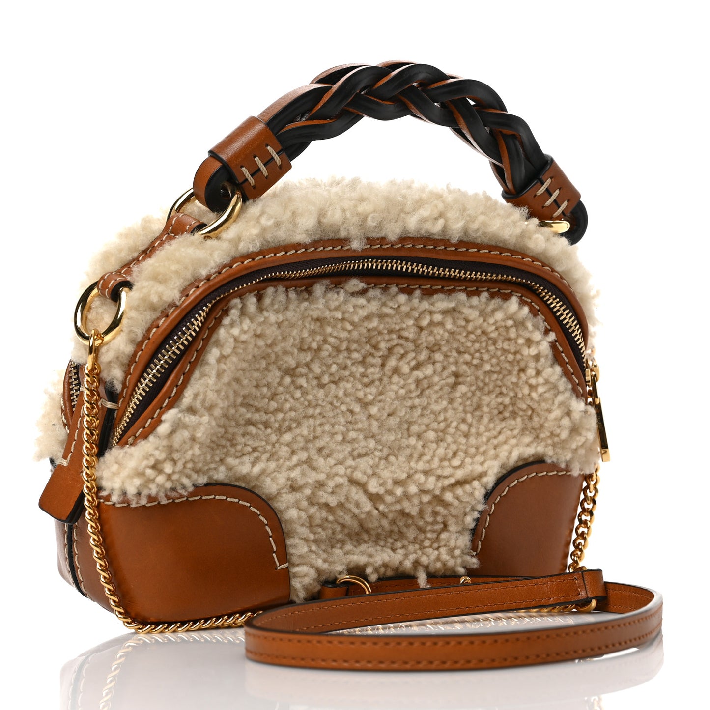 Shearling Calfskin Mini Daria Chain Bag Caramel