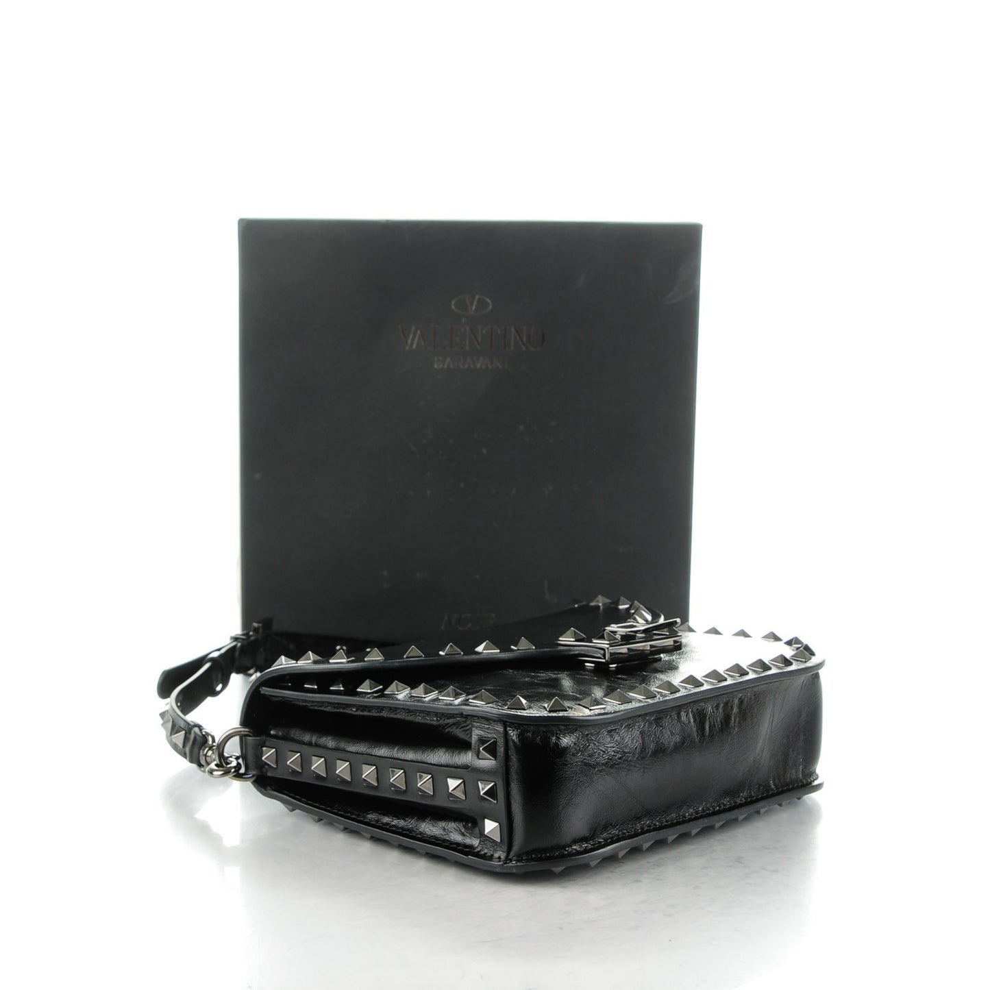 Craquele Calfskin Rockstud Shoulder Flap Messenger Bag Black