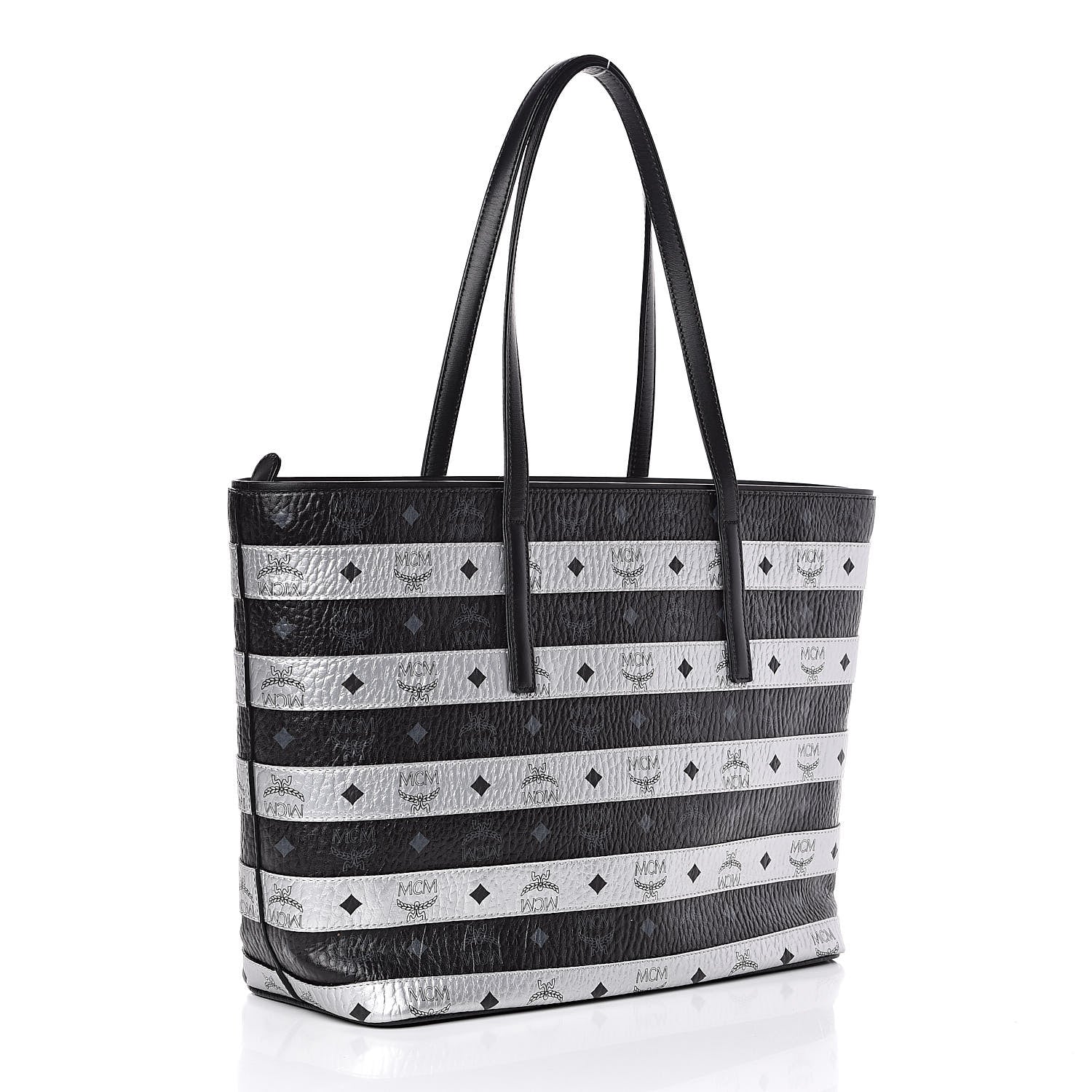 MCM Metallic Visetos Striped Medium Anya Shopper Tote Black Silver 3 of 10