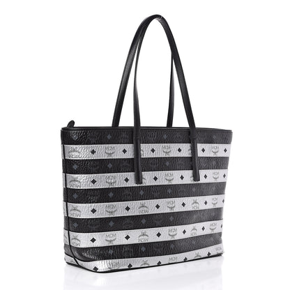 MCM Metallic Visetos Striped Medium Anya Shopper Tote Black Silver 3 of 10
