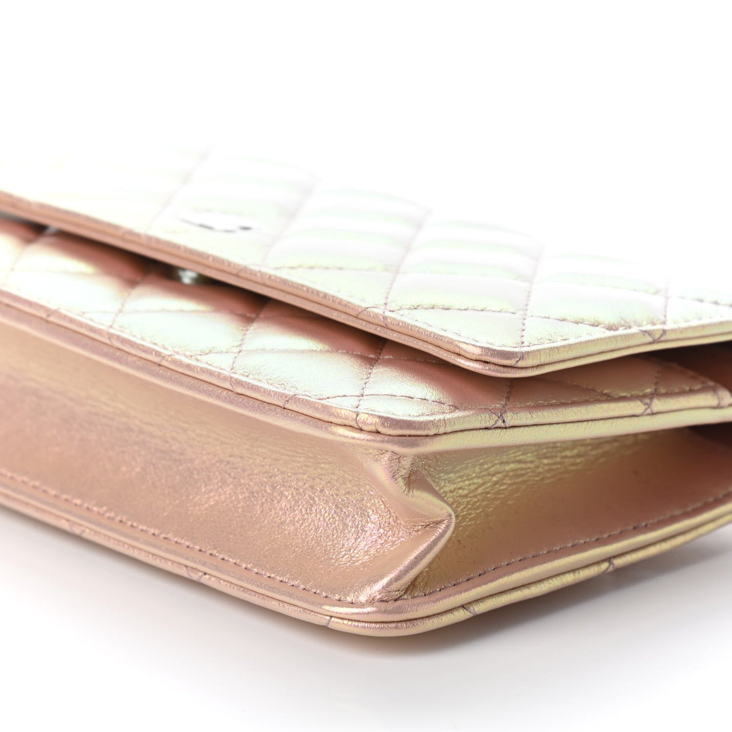 Iridescent Calfskin Quilted Wallet On Chain WOC Pink