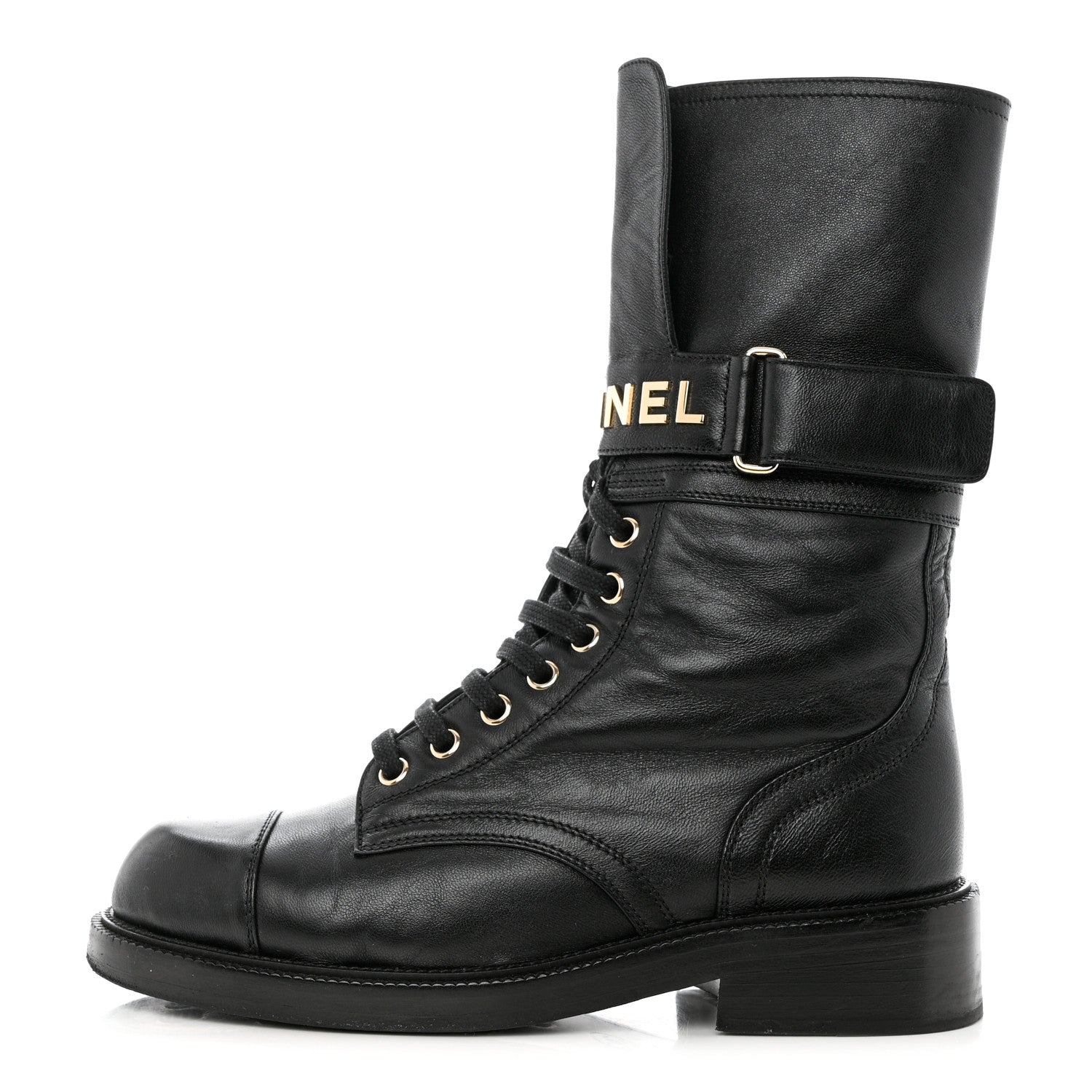 Chanel Shiny Calfskin Lace Up Combat Boots 37 Black 1 of 10
